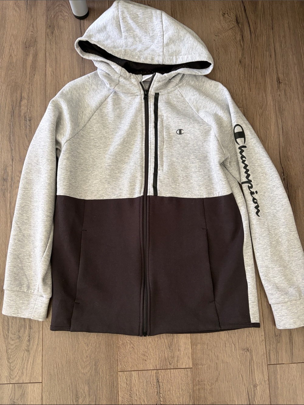 Champion Boy’s Hooded Zip Jacket - Light Gray & Black. Boy’s size Large 14/16